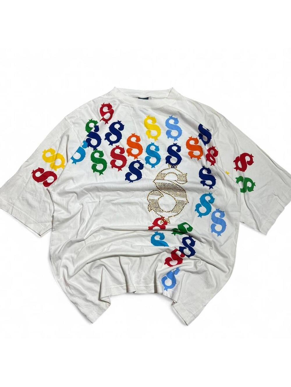 VIntage Y2K White multi-coloured dollar sign rhinestone t-shirt Size XL